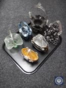 Three glass hand bags and three coloured glass baskets