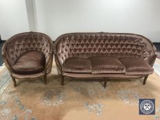 A French walnut framed salon settee and armchair in pink button dralon