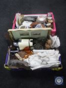 Two boxes of assorted tea china, dinner ware, glass ware, table linen,