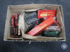 A box of Hornby rolling stock, control box,