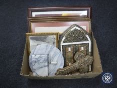 A box of assorted framed pictures and prints, Eastern style metal mirror with shutter doors,