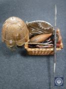 A wooden basket of tribal figures, fly swish,