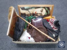 A box of silk work and beaded Indian wall hanging, two framed tiled panels, fly swish,