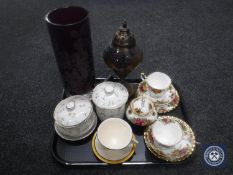 A seven piece Royal Albert Old Country Roses tea for two, glass vase, two Winton lidded dishes,