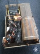 A box containing five china shire horses together with four assorted caravans and carts