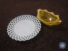 A Sowerby blue glass plate together with a Gateshead vaseline glass bowl