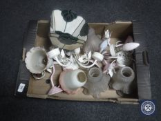 Three metal wall lights with glass shades together with a further three metal wall lights with pink