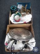 A pair of contemporary table lamps with shades together with two boxes of plated trays,