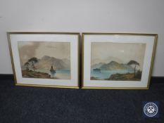 William Baker (1863 - 1937) : A sailing boat on calm waters with mountains beyond, watercolour,