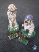 Six hand painted concrete figures of cricketers together with two sets of wooden stumps
