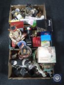 Three boxes containing miscellany including Native American figurines, Eastern figure of a deity,