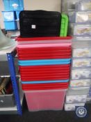 Twenty 70 litre plastic storage (eighteen with lids)