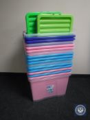 Seventeen 80 litre plastic storage boxes (fourteen with lids)