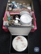 Two boxes containing assorted china, pottery vase,
