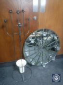 A metal six way candelabra with vase together with a metal framed mirror with eight glass tea light