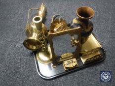 A tray containing cloisonne dragon vase and assorted brass ware to include Art Nouveau dressing