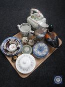 A tray containing antique lustre cup and saucer, Wedgwood Jasperware, Spanish figure,