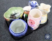 A tray of Maling Storm pattern dish, blue and white caddy, Toby jug,