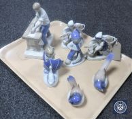 A tray containing two Bing & Grondahl bird ornaments, continental figure of a carpenter,
