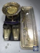 A tray of brass planters, shoes, photo frame,