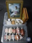 Two boxes containing four pictures, collection of china teapots, pair of Devon vases etc.