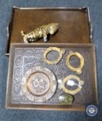 Two 20th century serving trays together with a carved oak plate, wooden figure of a cat,