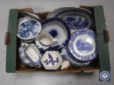 A box of antique and later blue and white china, Burleigh ware,