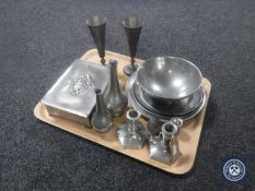 A tray of pewter trinket box, vases,