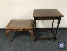 A beech shaped top coffee table and an oak barley twist occasional table