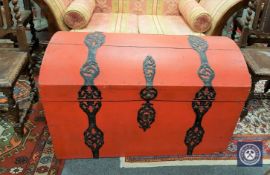 A nineteenth century painted metal bound oak blanket chest, width 105 cm.