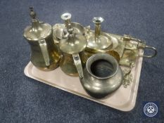 A tray of two brass chambersticks, pair of brass wall sconces,