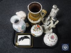 A tray of figurines, Sadler ginger jars, Ringtons money box etc.