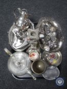 A tray of silver egg cup, and various silver plated wares, teapot,