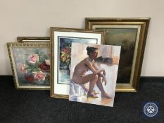 A gilt framed oil depicting boats moored in a harbour, still life paintings,