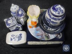 A tray of Ringtons Blue and white china, willow pattern caddy, boxed plates etc.