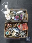 Two boxes of china, table lamps,