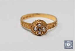 A good 18ct gold Victorian pearl and diamond memoriam ring.