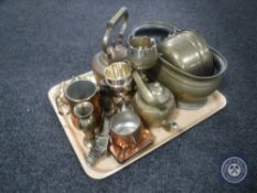 A tray of quantity of assorted brass and copper ware including teapots, planters,