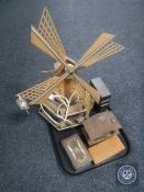 A tray of mid 20th century Windmill table lamp, set of cased micro weights,