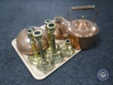 A tray of two antique copper bed warming pans,