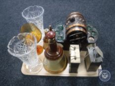 A tray of Wade whisky decanters, glass vases, wooden barrel with glasses on stand,