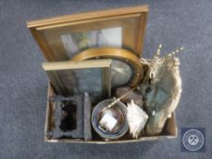 A box of gilt framed port hole mirror, brass companion set, antique carved oak stool,