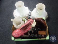 A box of marble table lamps with shades, pair of ornate mirrored wall shelves,