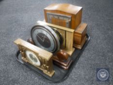 A tray of Art Deco walnut cased Smiths mantel clock together with a further clock by Metamec and