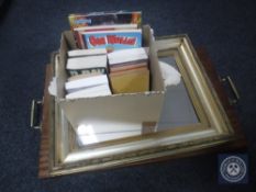 A large mahogany twin handled serving tray together with a gilt framed mirror,