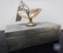 An early 20th century presentation silver cigarette box and a mother of pearl and silver bon bon