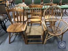 A pine rush seated armchair together with a wicker and bamboo armchair and four miscellaneous