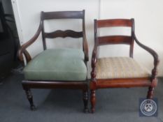 Two antique mahogany scroll armchairs