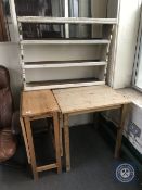 A pine flap sided kitchen table together with a pine drop leaf kitchen table and an antique painted