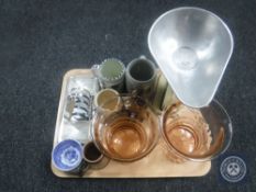 A tray of Salter weighing scales, pink glass celery jars,